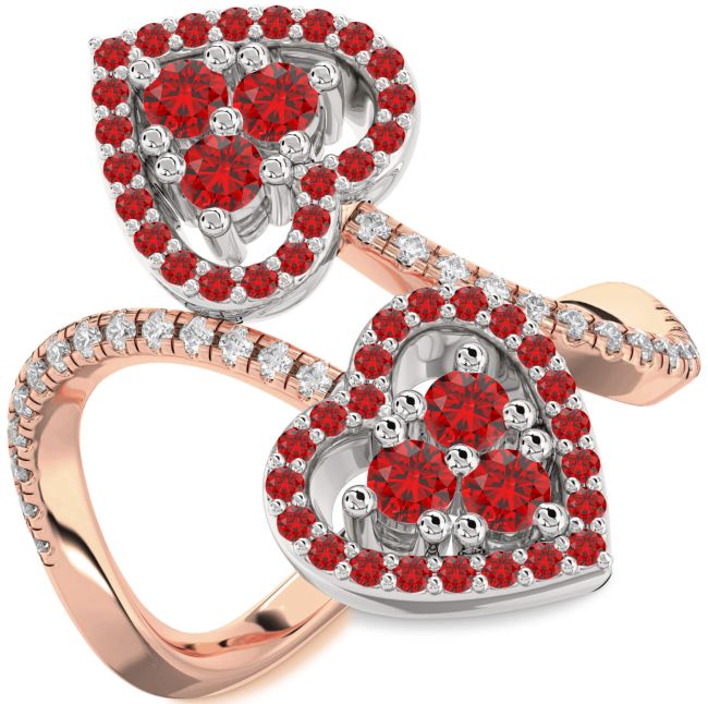 Diamond Ruby Rose Gold Silver Heart Two Stone Pave Ring