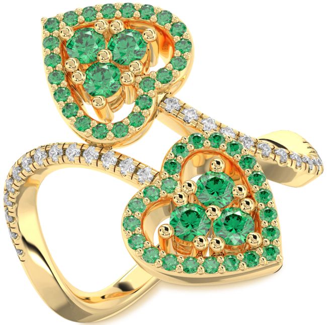 Diamond Emerald Gold Silver Heart Two Stone Pave Ring