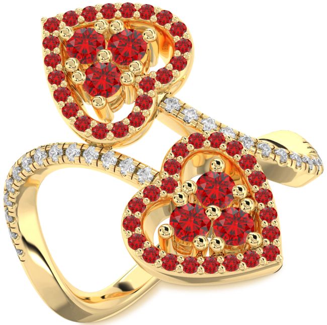 Diamond Ruby Gold Heart Two Stone Pave Ring