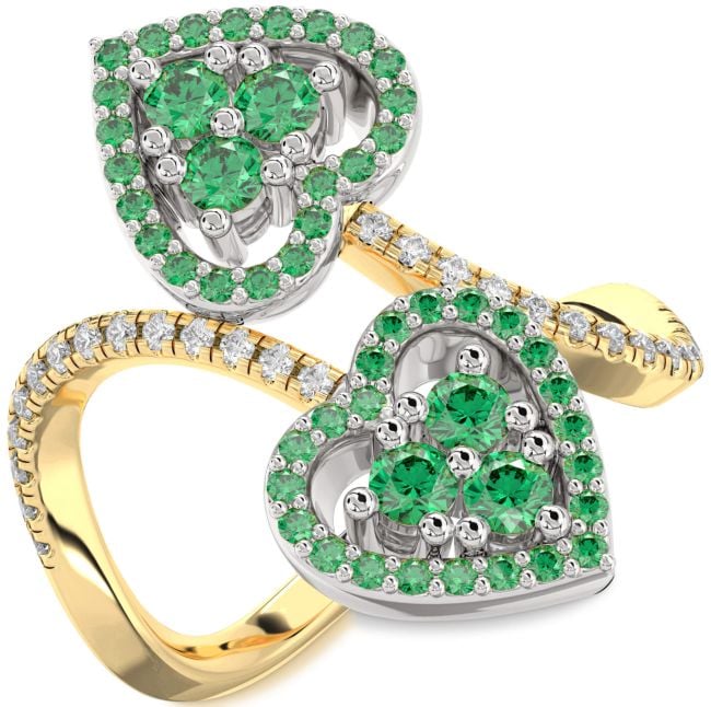 Diamond Emerald Gold Silver Heart Two Stone Pave Ring