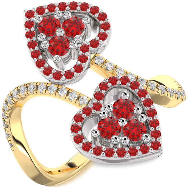 Diamond Ruby Gold Silver Heart Two Stone Pave Ring