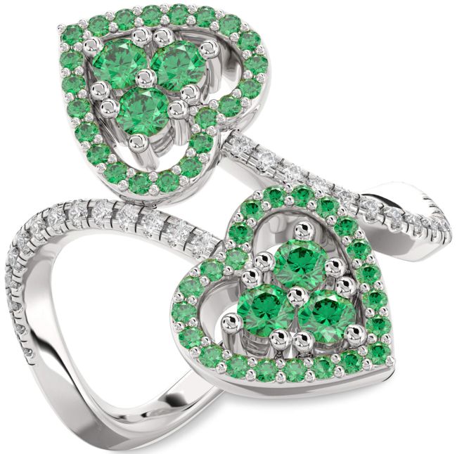 Diamond Emerald Silver Heart Two Stone Pave Ring