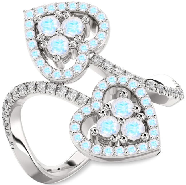 Diamond Moonstone Silver Heart Two Stone Pave Ring