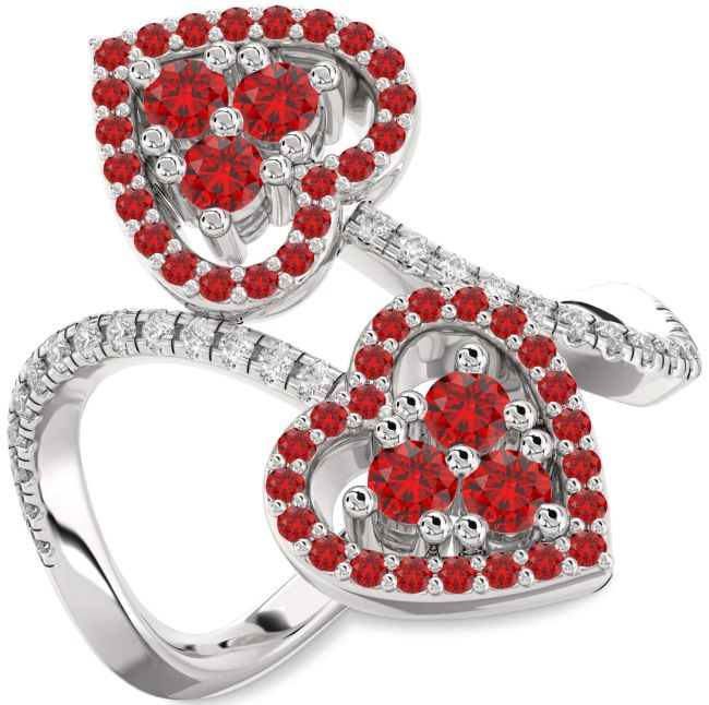 Diamond Ruby Silver Heart Two Stone Pave Ring