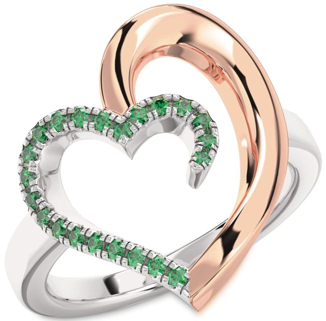 Emerald Rose Gold Silver Heart Ring