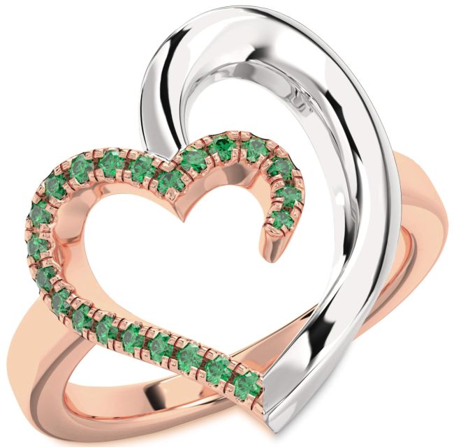 Emerald Rose Gold Silver Heart Ring