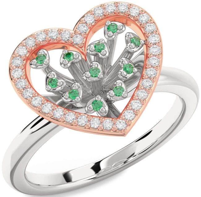 Diamond Emerald Rose Gold Silver Heart Ring