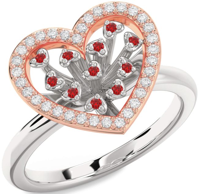 Diamond Ruby Rose Gold Silver Heart Ring