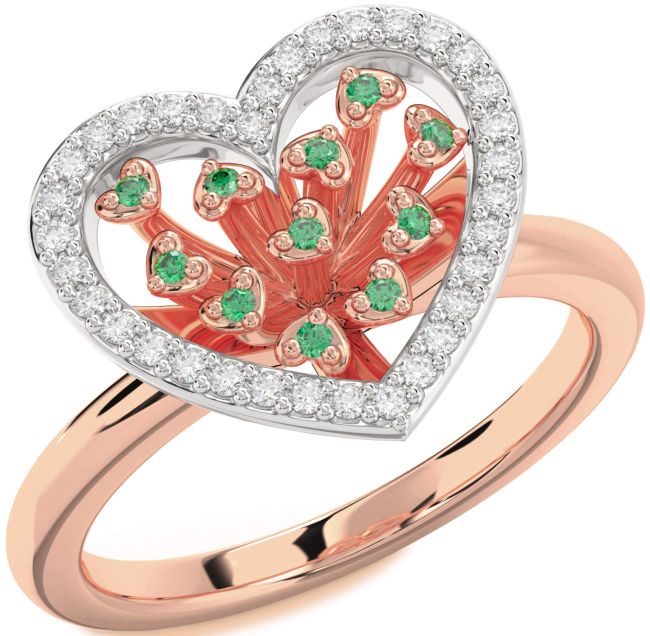 Diamond Emerald Rose Gold Silver Heart Ring