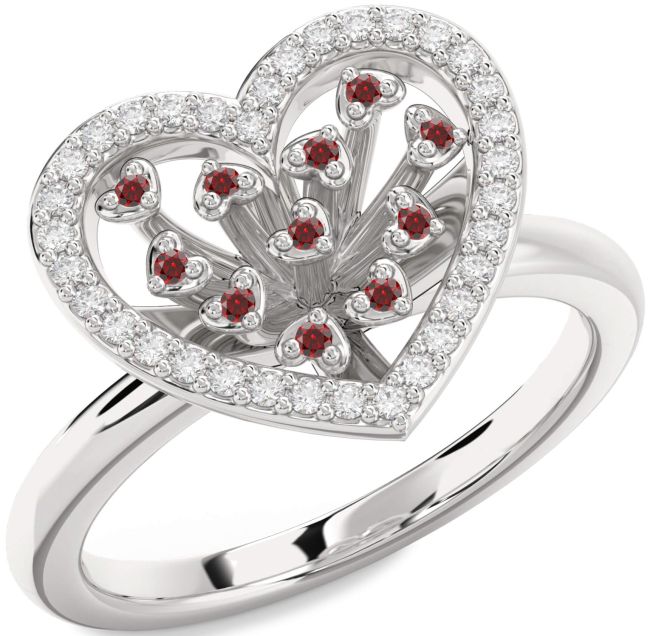 Diamond Garnet Platinum Heart Ring