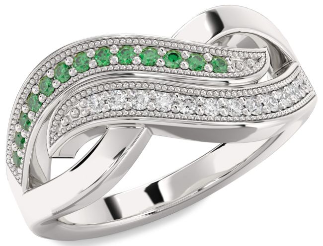 Diamond & Emerald Silver Infinity Round Promise Ring