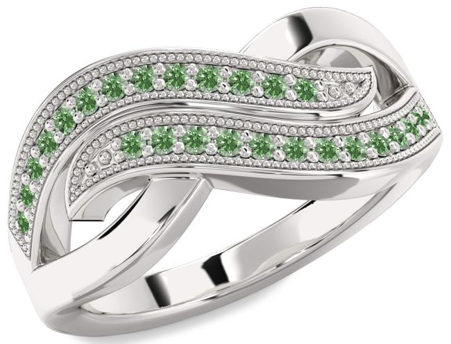 Green Diamond Silver Infinity Round Ring