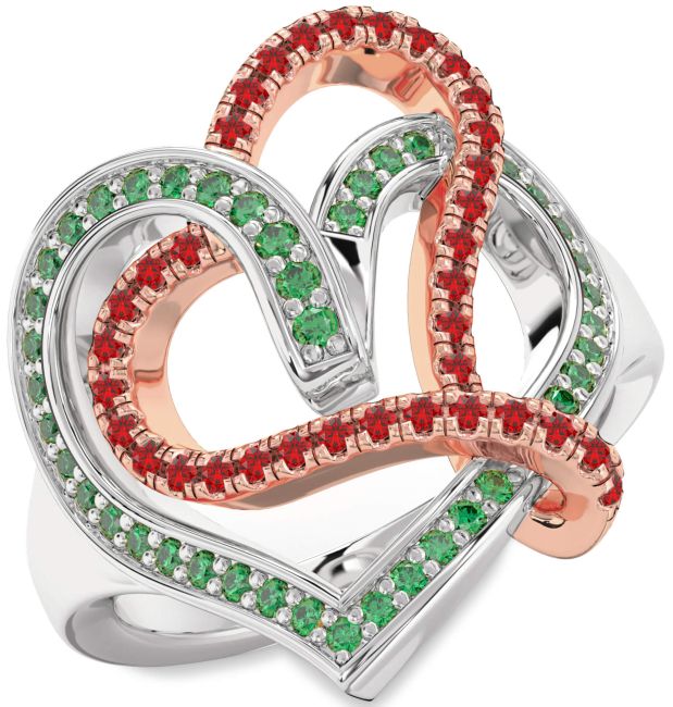 Emerald & Ruby Rose Gold Silver Heart Promise Ring