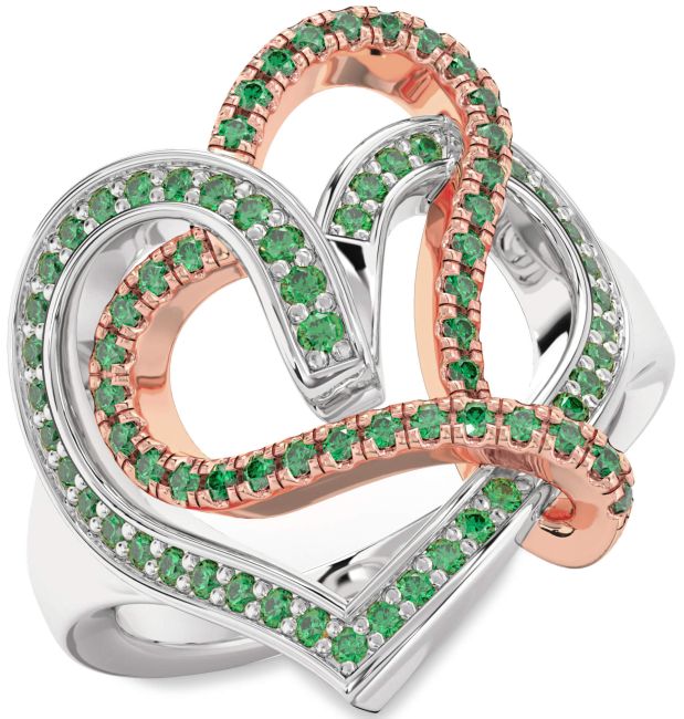 Emerald Rose Gold Silver Heart Ring