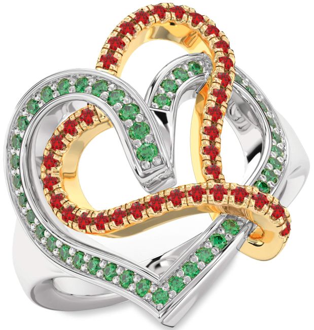 Emerald & Ruby Gold Silver Heart Promise Ring