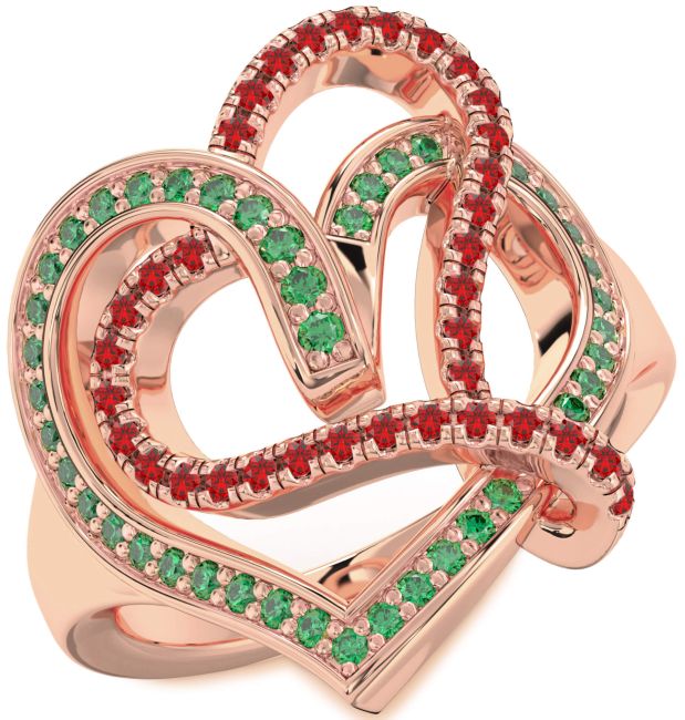Emerald & Ruby Rose Gold Heart Promise Ring