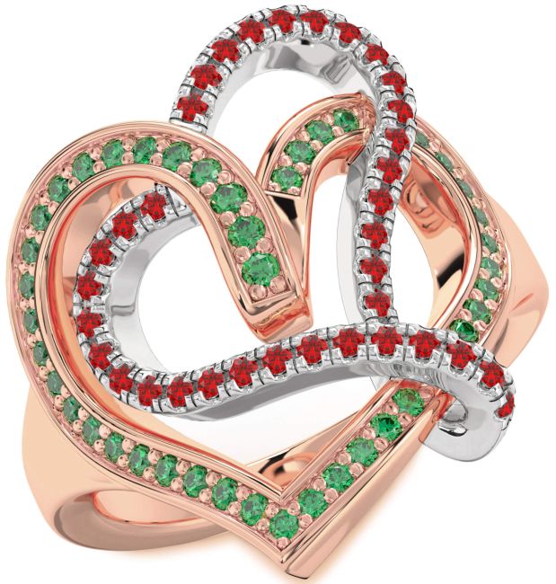 Emerald & Ruby Rose Gold Silver Heart Promise Ring