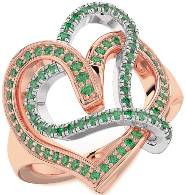 Emerald Rose Gold Silver Heart Ring