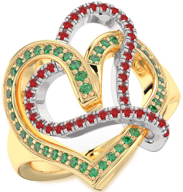 Emerald & Ruby Gold Silver Heart Promise Ring