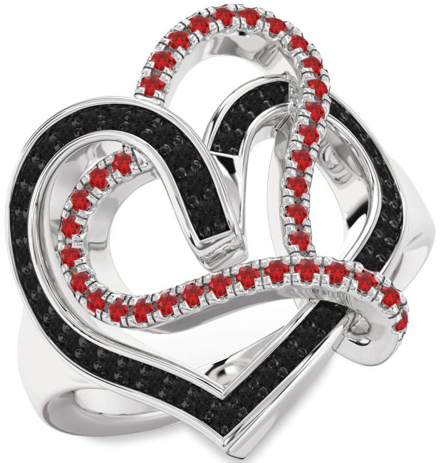 Black Diamond & Ruby Silver Heart Promise Ring