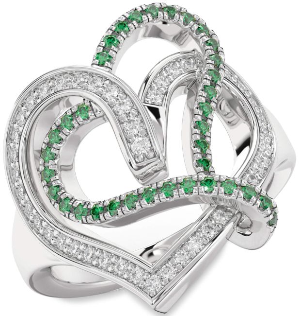 Emerald & Diamond Silver Heart Promise Ring