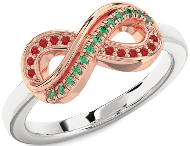 Emerald & Ruby Platinum & Rose Gold Infinity Round Promise Ring