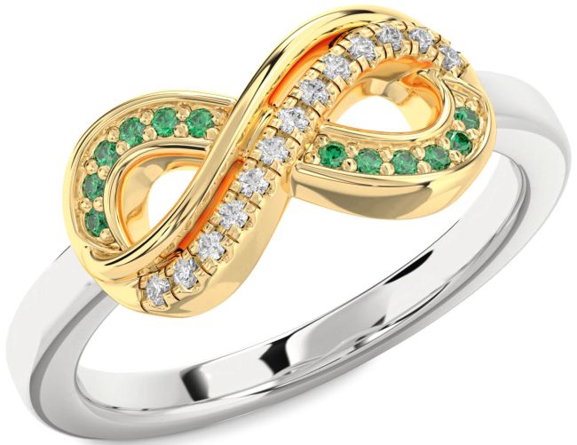 Emerald & Diamond Gold Silver Infinity Round Promise Ring