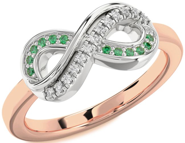 Emerald & Diamond Rose Gold Silver Infinity Round Promise Ring