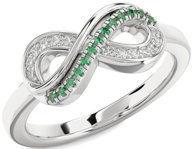 Diamond & Emerald Silver Infinity Round Promise Ring