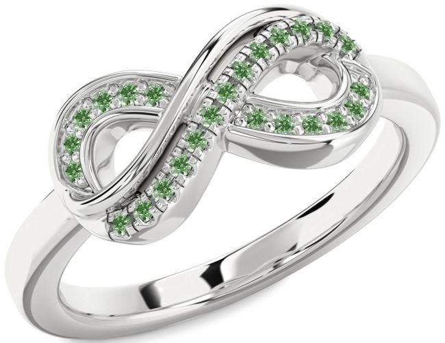 Green Diamond Silver Infinity Round Ring