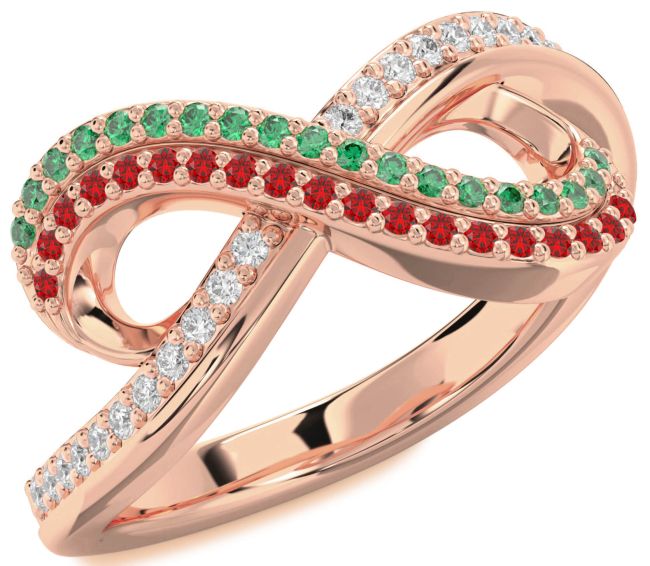 Emerald & Ruby Rose Gold Infinity Round Pave Promise Ring