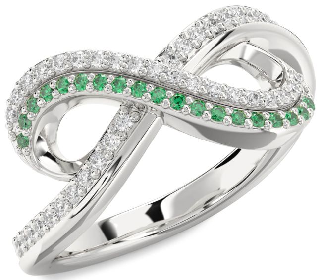 Emerald & Diamond Silver Infinity Round Pave Promise Ring