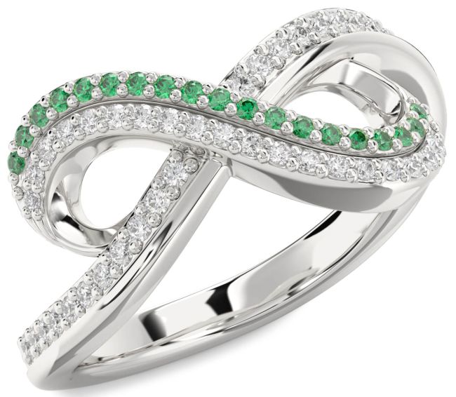 Diamond & Emerald Platinum Infinity Round Pave Promise Ring