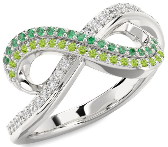 Emerald & Peridot Silver Infinity Round Pave Promise Ring