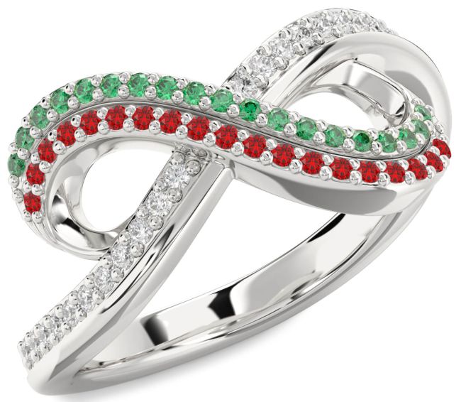 Emerald & Ruby Silver Infinity Round Pave Promise Ring