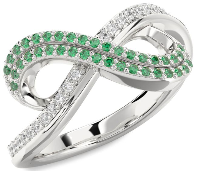 Emerald Silver Infinity Round Pave Ring