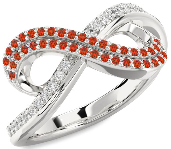 Fire Opal Platinum Infinity Round Pave Ring