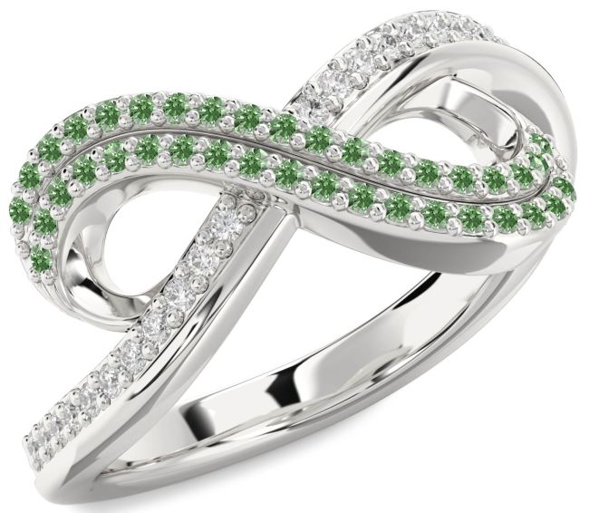 Green Diamond Silver Infinity Round Pave Ring
