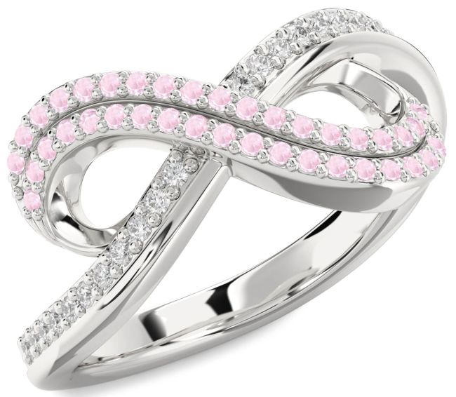 Rose Quartz Silver Infinity Round Pave Ring