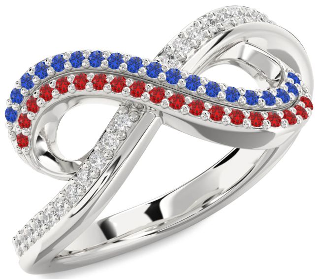 Blue Sapphire & Ruby Silver Infinity Round Pave Promise Ring