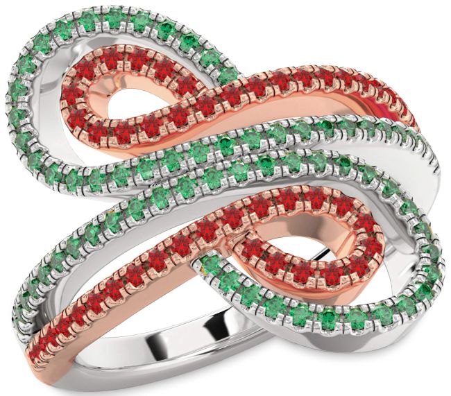 Emerald & Ruby Rose Gold Silver Infinity Round Pave Promise Ring