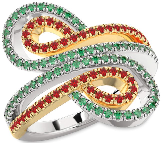 Emerald & Ruby Gold Silver Infinity Round Pave Promise Ring