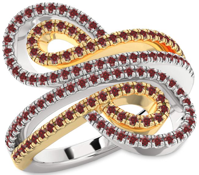 Garnet Gold Silver Infinity Round Pave Ring