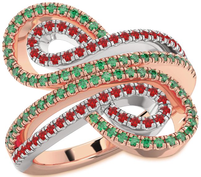 Emerald & Ruby Rose Gold Silver Infinity Round Pave Promise Ring
