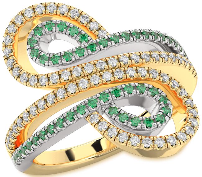 Emerald & Diamond Gold Silver Infinity Round Pave Promise Ring