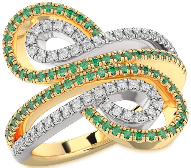 Diamond & Emerald Gold Silver Infinity Round Pave Promise Ring