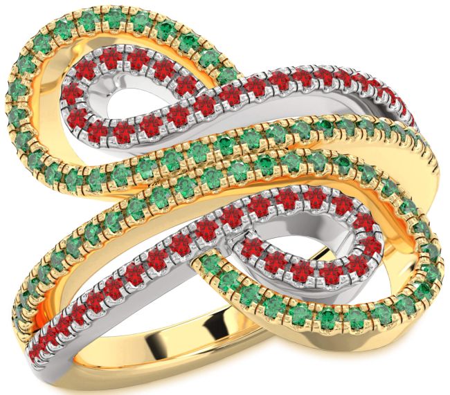 Emerald & Ruby Gold Silver Infinity Round Pave Promise Ring