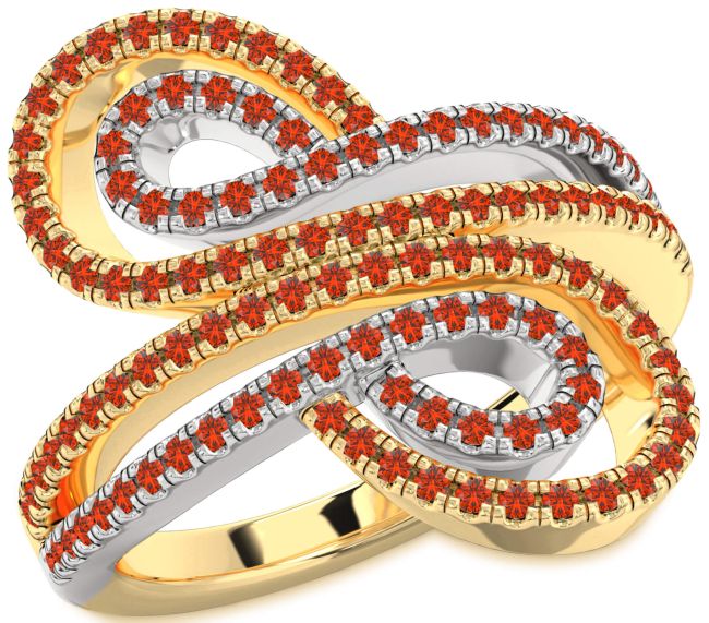 Fire Opal Gold Silver Infinity Round Pave Ring