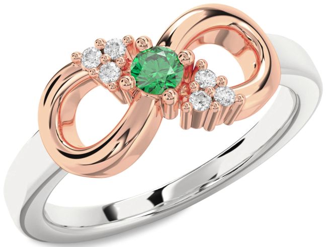 Diamond Emerald Platinum & Rose Gold Infinity Round Promise Ring