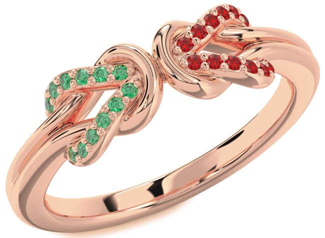 Emerald & Ruby Rose Gold Infinity Knot Round Promise Ring